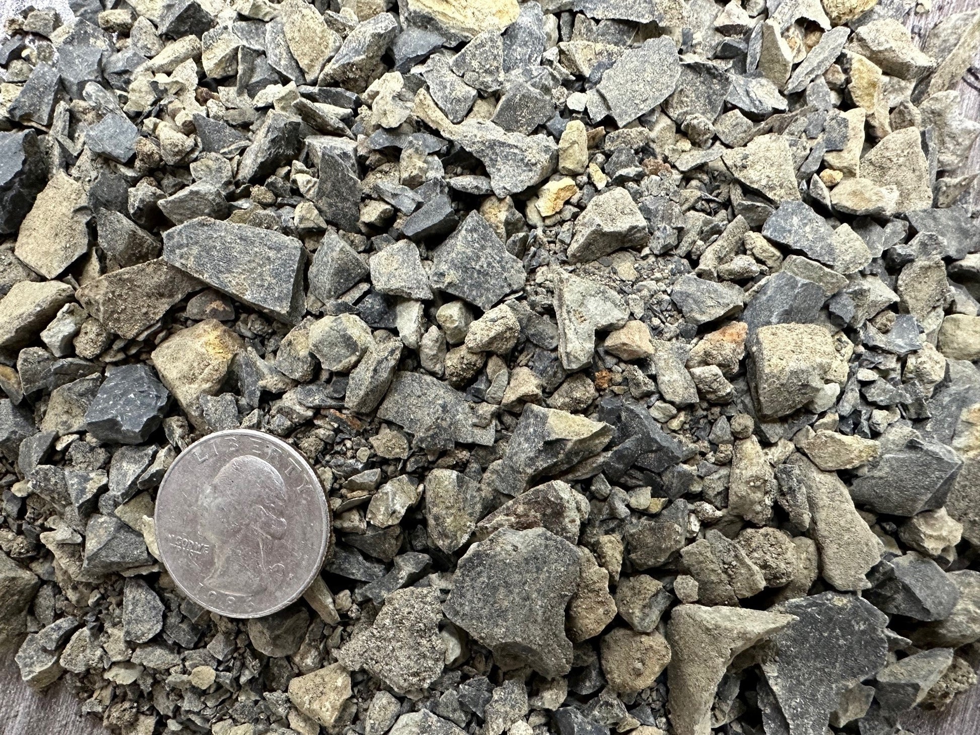 gravel rocks with a quarter